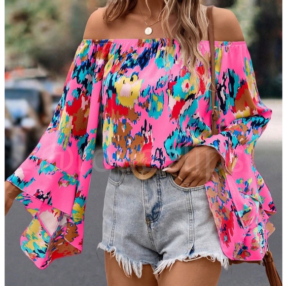 Rouge! Tops - Pink Off Shoulder Abstract Print Flared Sleeve Shirt Top